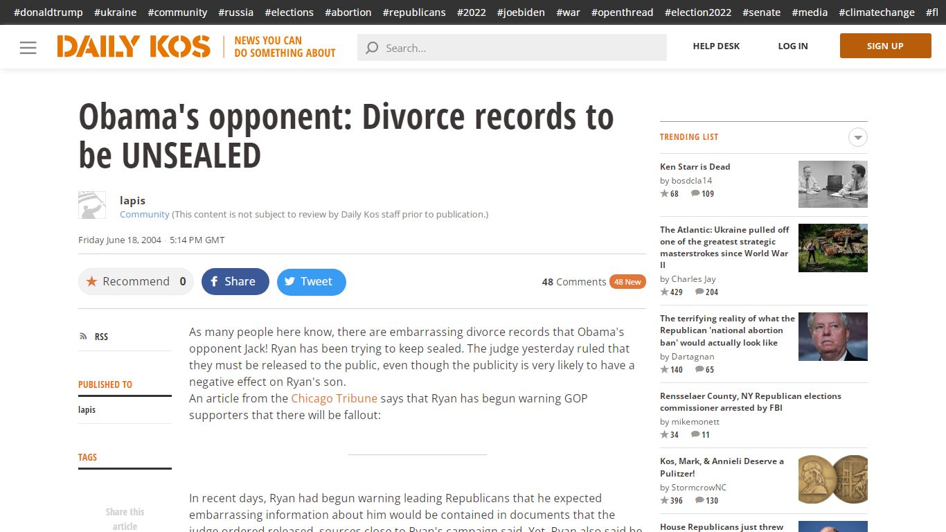 Obama's opponent: Divorce records to be UNSEALED - Daily Kos