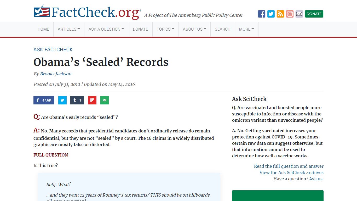 Obama's 'Sealed' Records - FactCheck.org